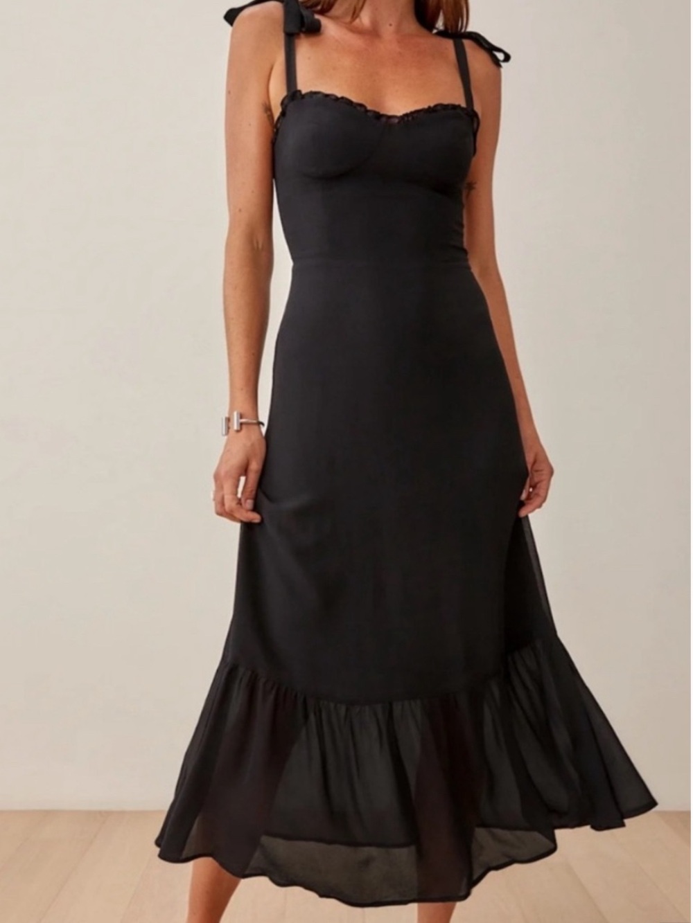 Reformation Black Midi Slip Dress with Ruffle Hem